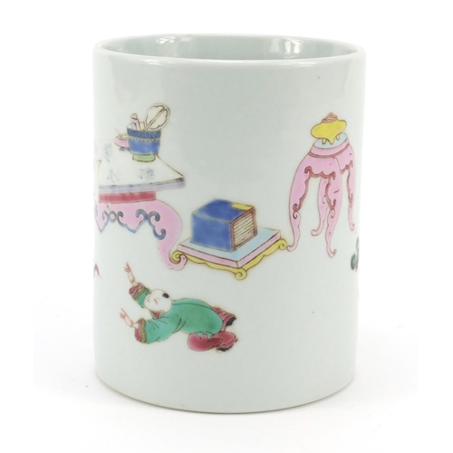 211 - Chinese porcelain brush pot, hand painted in the famille rose palette with figures and children play... 