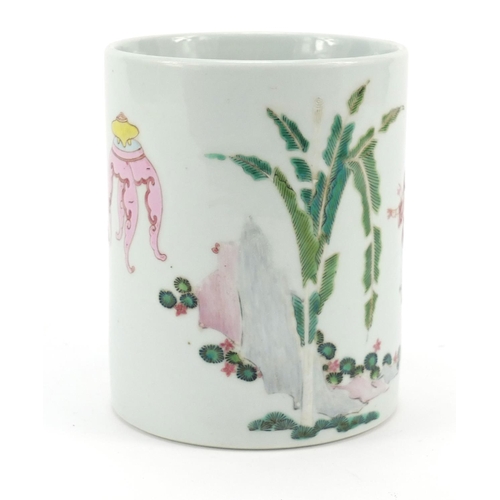 211 - Chinese porcelain brush pot, hand painted in the famille rose palette with figures and children play... 