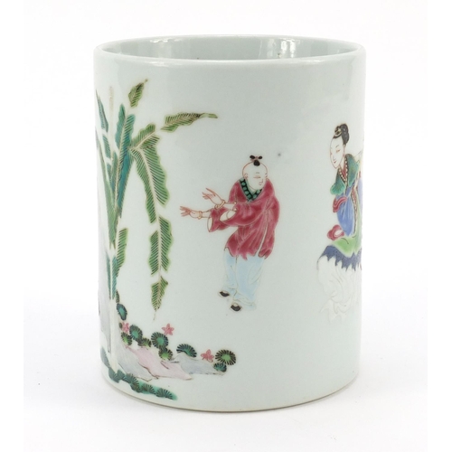 211 - Chinese porcelain brush pot, hand painted in the famille rose palette with figures and children play... 