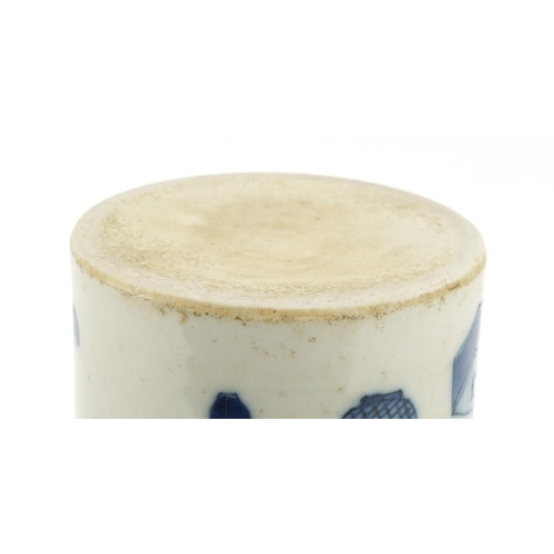 568 - Chinese blue and white porcelain brush pot, hand painted with figures and precious objects, 20cm hig... 