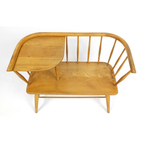 1308 - Chippy Heath, Ercol design light elm telephone seat table, 66cm H x 87cm W x 46cm D