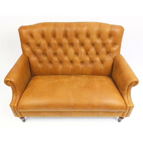 1316 - Two seater settee with tan button back upholstery, 94cm H x 130cm W x 85cm D