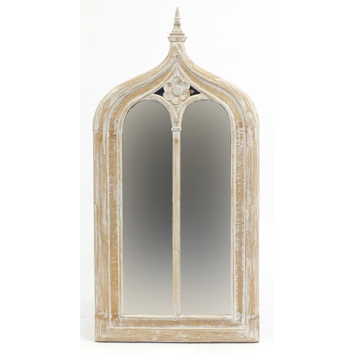 1336 - Limed oak Gothic design mirror, 109cm high x 52cm wide