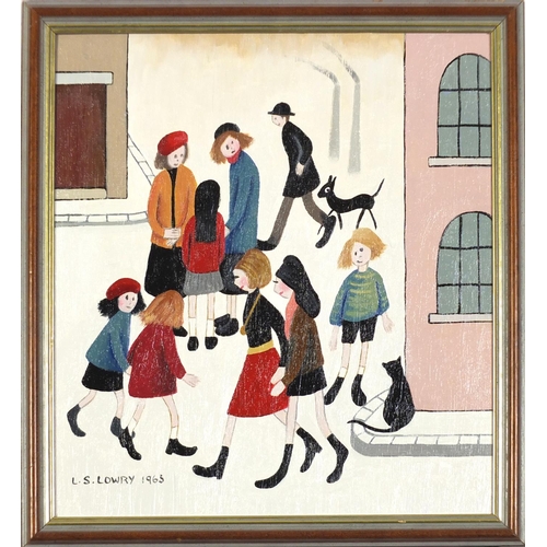 1285 - After Laurence Stephen Lowry - Figures in a street, oil on board, framed, 30.5cm x 27cm excluding th... 