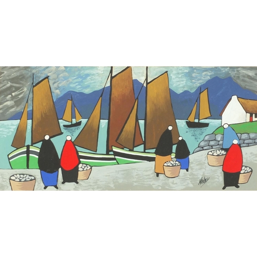 1287 - Figures before boats, Irish school watercolour and gouache, mounted, framed and glazed, 39cm x 19cm ... 