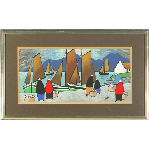 1287 - Figures before boats, Irish school watercolour and gouache, mounted, framed and glazed, 39cm x 19cm ... 