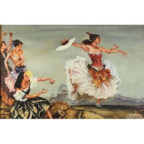 297 - Manner of William Russell Flint - Females dancing, oil on board, framed, 89cm x 59cm excluding the f... 