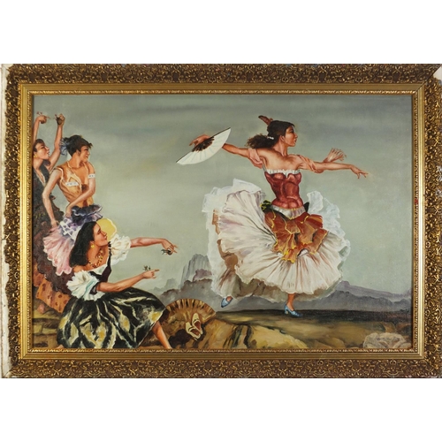 297 - Manner of William Russell Flint - Females dancing, oil on board, framed, 89cm x 59cm excluding the f... 