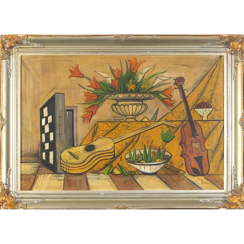 511 - Manner of Bernard Buffet - Still life flowers, fruit and instruments, oil on board, framed, 74cm x 4... 