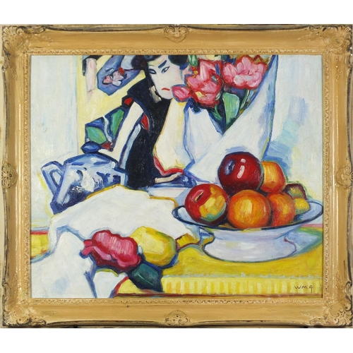 75 - Figure with still life flowers and fruit, Scottish Colourist school oil on board, framed, 59.5cm x 4... 