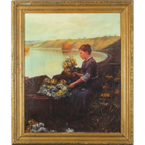 515 - Woman picking flowers before water, Camden school oil on board, framed, 62cm x 49cm excluding the fr... 