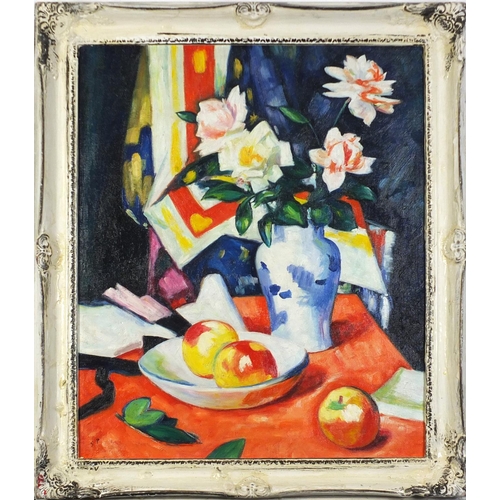 200 - Still life flowers in a vase with fruit, Scottish Colourist school oil on board, framed, 60cm x 49cm... 