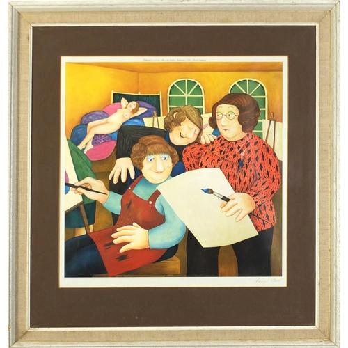 77 - Beryl Cook - Artists in a studio, pencil signed print in colour, mounted, framed and glazed, 42cm x ... 