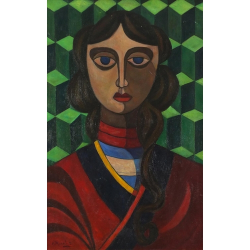 73 - Head and shoulders portrait of a female, Russian school oil on board, mounted and framed, 64cm x 39c... 