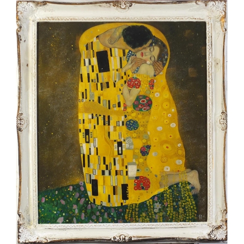 513 - After Gustav Klimt - The kiss, oil on board, framed, 59.5cm x 49.5cm excluding the frame