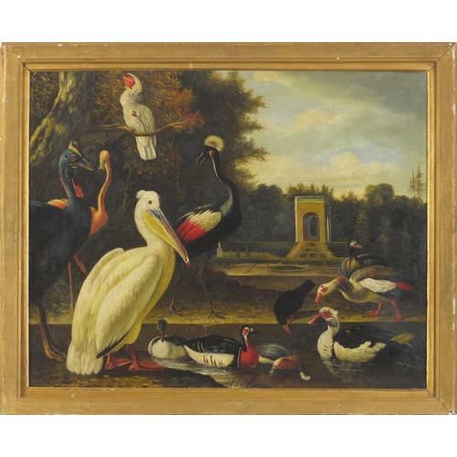 118 - Exotic birds, Old Master style oil on board, mounted, framed and glazed, 59cm x 46.5cm excluding the... 