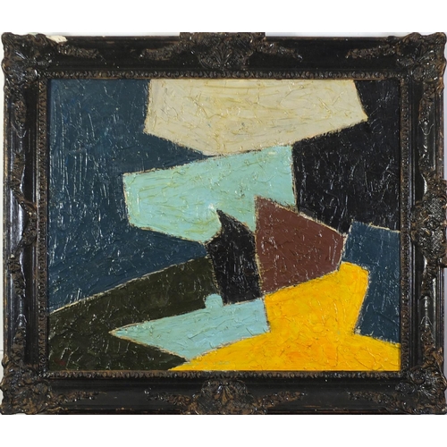 350 - Abstract composition, geometric shapes, Russian school oil impasto onto board, framed, 64.5cm x 62cm... 