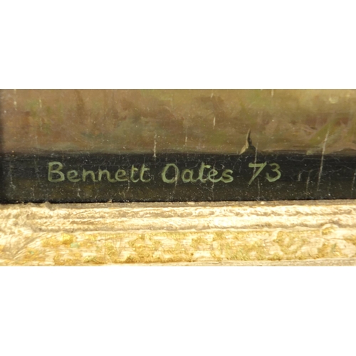 29 - Bennett Oates 1973 - A flower piece, lillies in a vase, oil on board, inscribed Stacey Marks label v... 