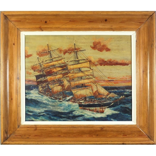 296 - Clipper ship, Callo in the South Pacific, oil on board, inscribed verso, mounted and framed, 63cm x ... 