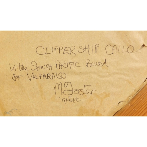 296 - Clipper ship, Callo in the South Pacific, oil on board, inscribed verso, mounted and framed, 63cm x ... 