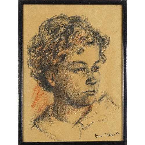 391 - Portrait of a young female, crayon and charcoal, bearing an indistinct signature and Penzance label ... 