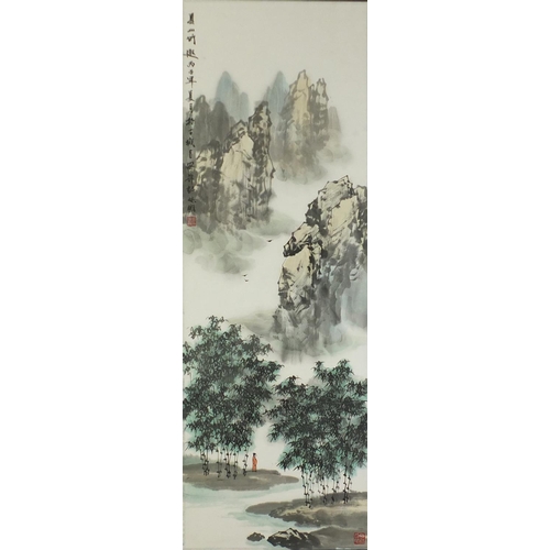 254 - Mountainous landscapes with Daoist immortals and figure on horseback in snow with calligraphy and re... 