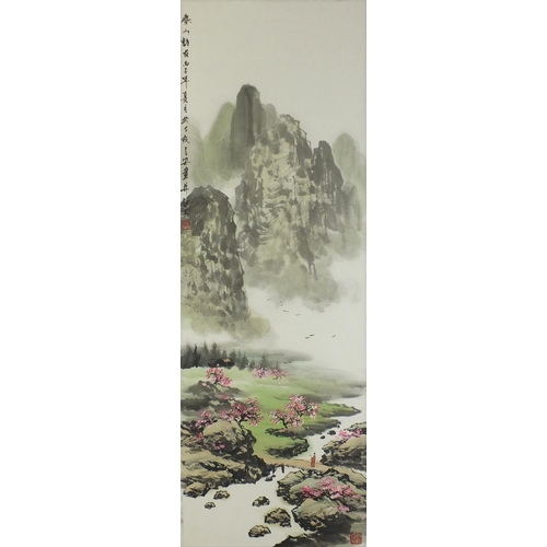 254 - Mountainous landscapes with Daoist immortals and figure on horseback in snow with calligraphy and re... 