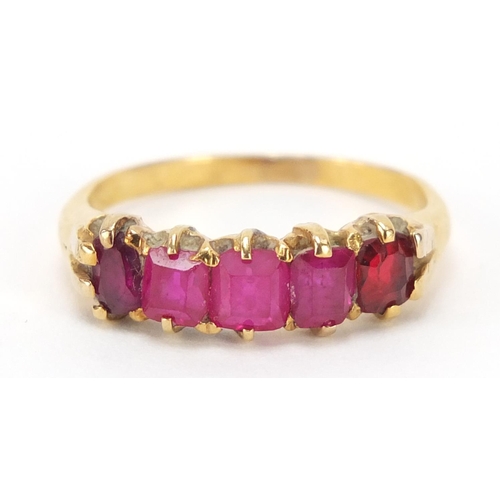 210 - Unmarked gold ruby five stone ring, size M, 3.1g