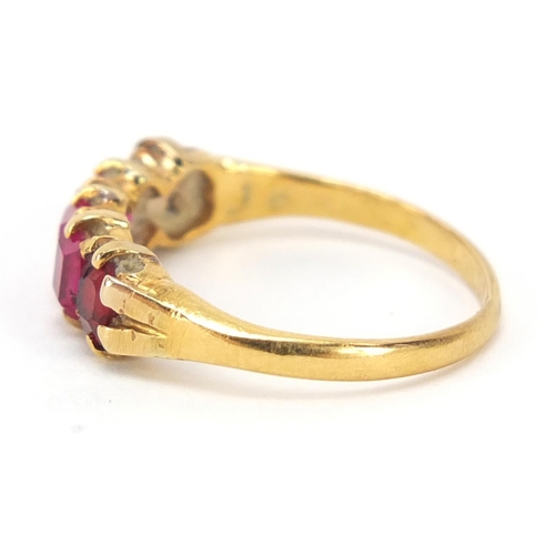 210 - Unmarked gold ruby five stone ring, size M, 3.1g