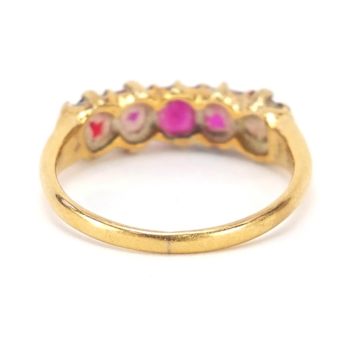 210 - Unmarked gold ruby five stone ring, size M, 3.1g