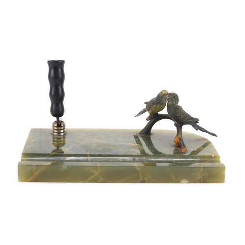 197 - Art Deco onyx desk stand mounted with two cold painted bronze budgies, 21.5cm wide