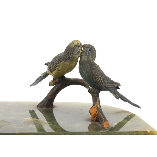 197 - Art Deco onyx desk stand mounted with two cold painted bronze budgies, 21.5cm wide