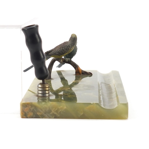 197 - Art Deco onyx desk stand mounted with two cold painted bronze budgies, 21.5cm wide