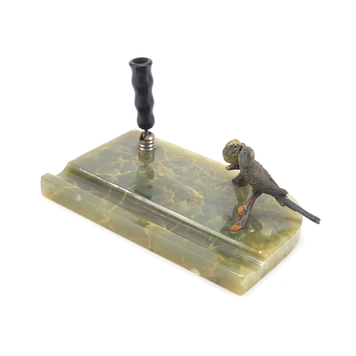 197 - Art Deco onyx desk stand mounted with two cold painted bronze budgies, 21.5cm wide