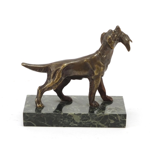 405 - Patinated bronze Pointer dog raised on a rectangular green marble base, 14cm wide