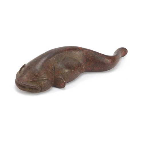 1996 - Large Japanese patinated bronze catfish, impressed character marks to the underside, 10.5cm in lengt... 