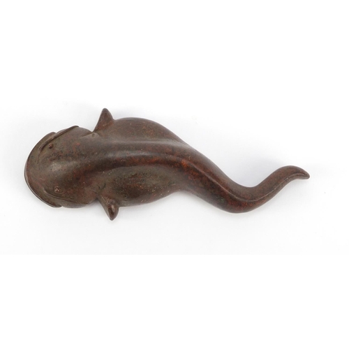 1996 - Large Japanese patinated bronze catfish, impressed character marks to the underside, 10.5cm in lengt... 