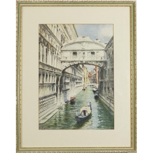 727 - Vittonio Zanetti - Venetian canal with gondolas, watercolour, inscribed verso, mounted, framed and g... 