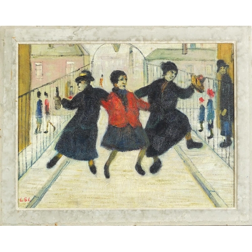 725 - Manner of Laurence Stephen Lowry - Figures dancing in a street, oil on canvas, framed, 34cm x 26cm