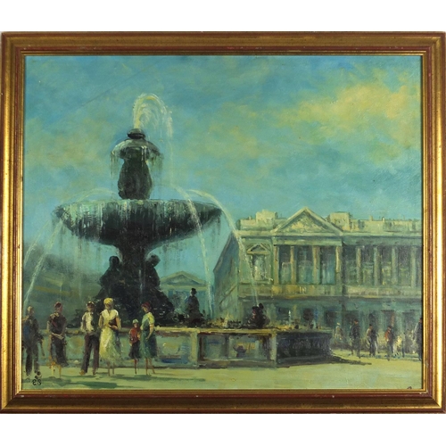 396 - Figures by de la Concorde fountain in Paris, Impressionist oil on board, framed, 57cm x 48cm