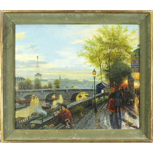 162 - After Thomas Kinkade - Figures walking on an embankment before a city, American school oil on canvas... 