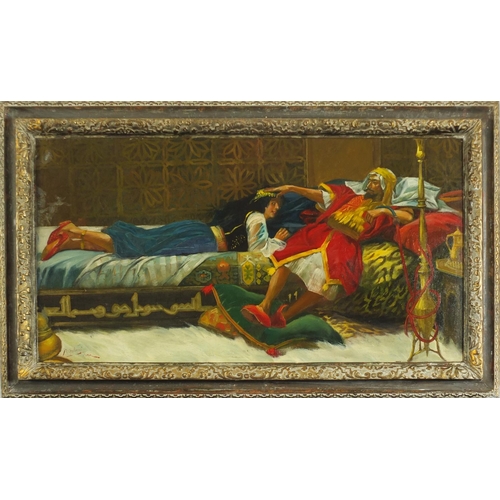 159 - Nobleman and female in an interior, Orientalist school oil on board, framed, 75.5cm x 39cm