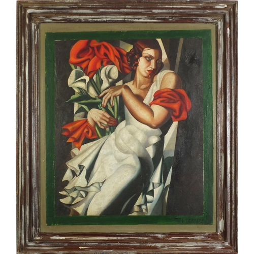 294 - Manner of Tamara de Lempicka - Art Deco female, oil on canvas laid on board, framed, 68cm x 60cm