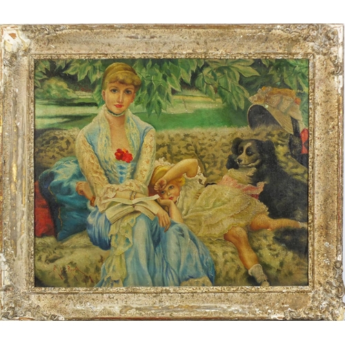 462 - Mother and child with a dog, Italian Impressionist school oil on board, framed, 64cm x 52cm