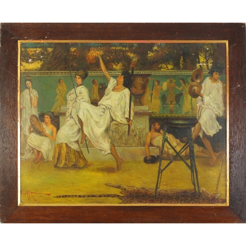 673 - Manner of Alberto Rossi - Classical robed figures, Impressionist oil on board, framed, 75cm x 59.5cm