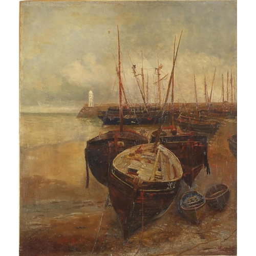 116 - Attributed to James Elder Christie - Moored boats, Scottish school oil on canvas, unframed, 76cm x 6... 