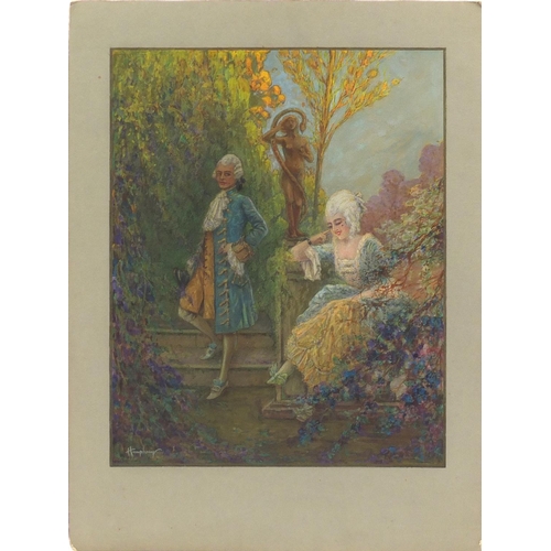 726 - Humphrey - Two figures by a statue, Coquette, mixed media on paper laid on card, inscribed verso, un... 