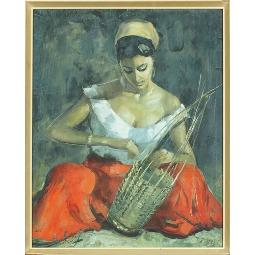 722 - After Van Cleef - The basket maker, print in colour, labels verso, framed, 49.5cm x 40cm