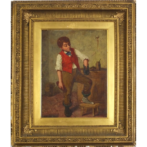 680 - Young boy cleaning his shoe, 19th century oil on canvas laid on board, mounted and framed, 29cm x 21... 