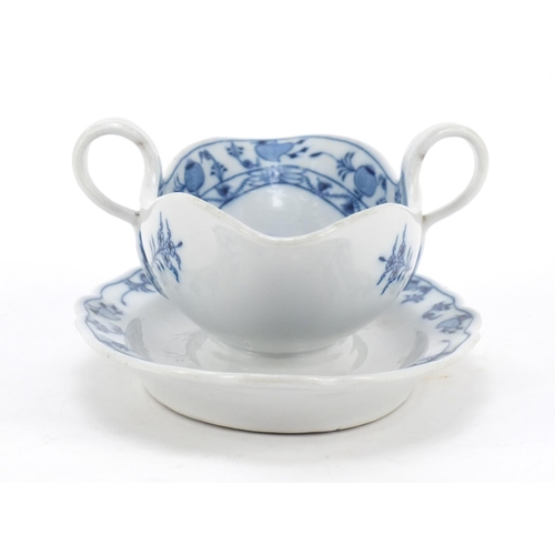 740 - Meissen porcelain twin handled sauceboat hand painted  in the Blue Onion pattern, 23cm wide